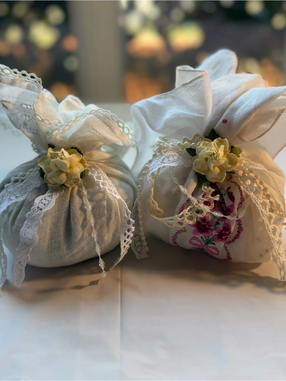 VINTAGE Embroidered Handkerchief Sachet Pouches Lace Floral Pair (2) Cottagecore